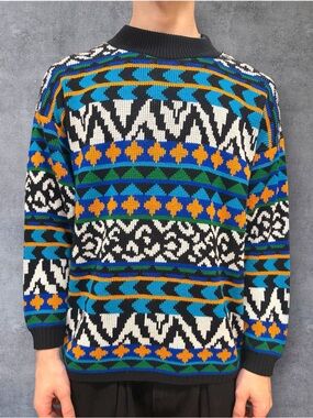 Mens Multicolor Geometric Crewneck Sweater - Blue/Black/White